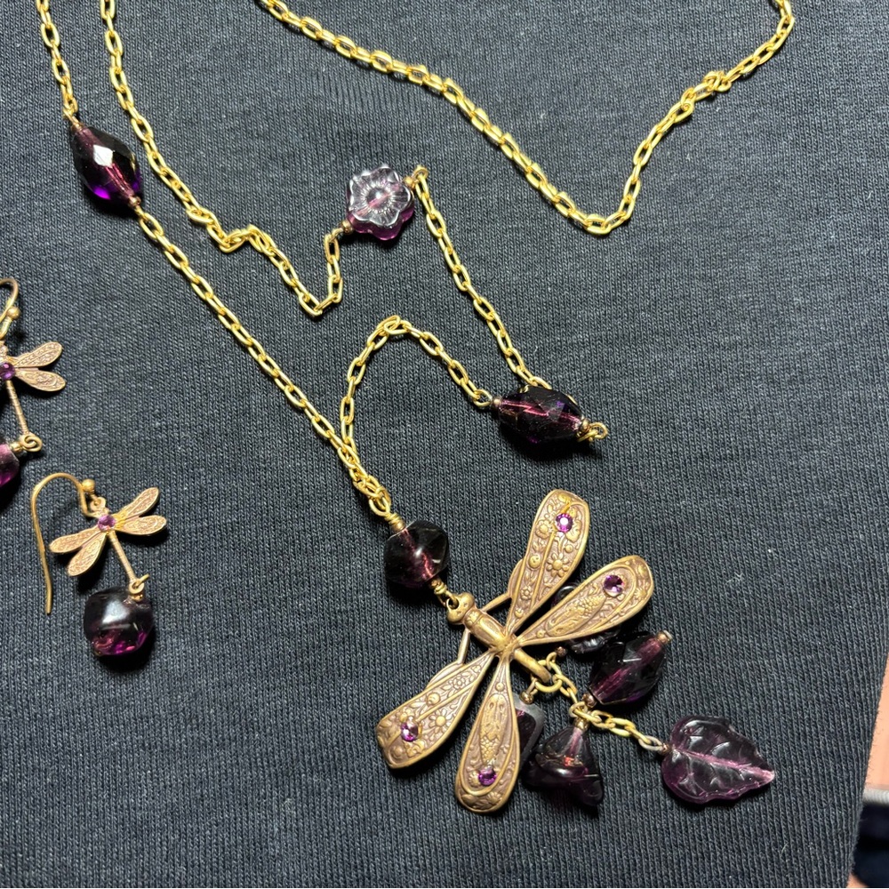 Elegant Gold and Handcrafted Purple Dragonfly Necklace and Earring Set - Picture 2 of 8